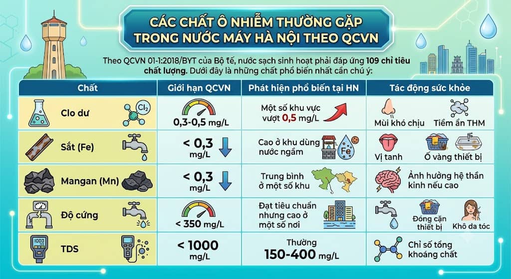 Bảng tra cứu các chất ô nhiễm phổ biến trong nước máy Hà Nội và giới hạn theo chuẩn QCVN.