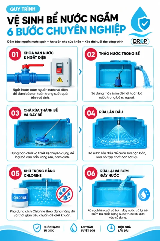 Quy trình vệ sinh bể nước ngầm chuẩn 6 bước Quy trình vệ sinh bể nước ngầm chuẩn 6 bước